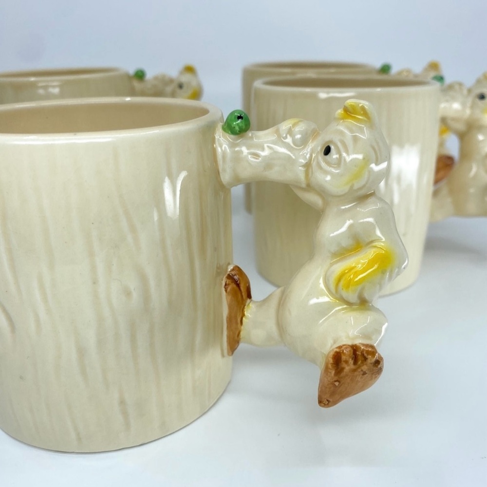 Vintage 1950s Josef Originals Japan Mugs Set of 4 Woodpecker Handle Ceramic Cups